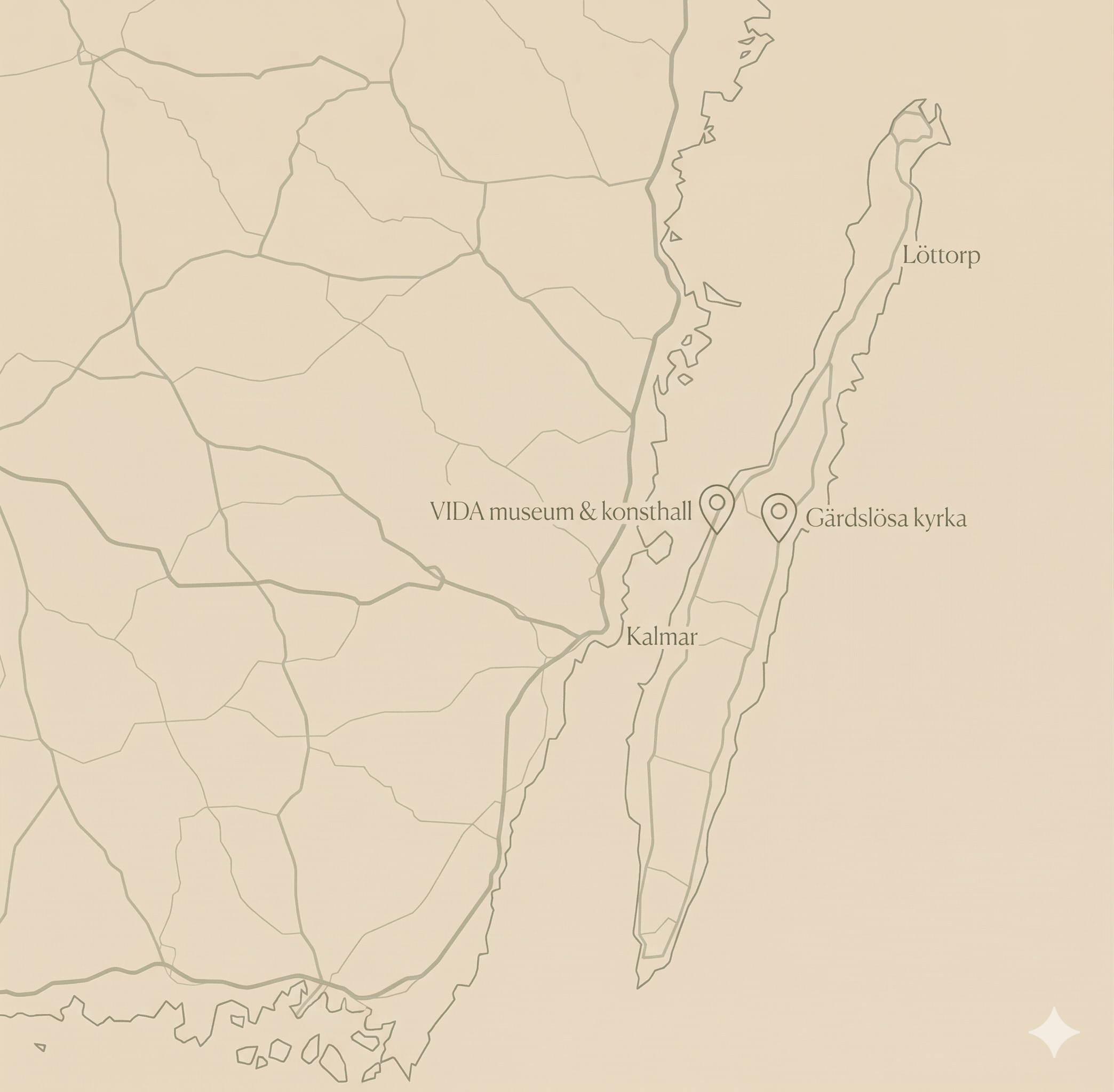 Karta över Öland med VIDA museum och Gärdslösa kyrka